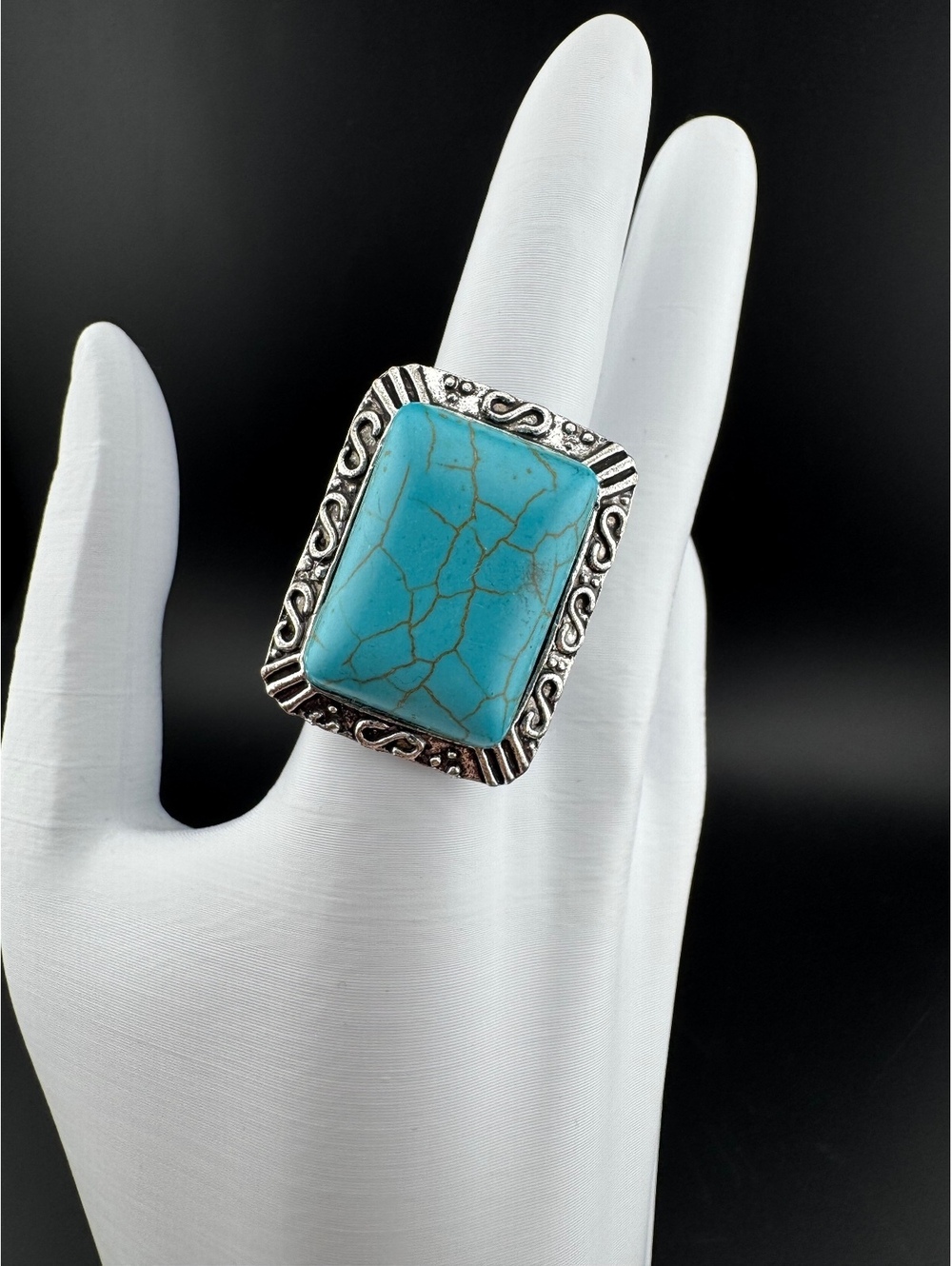 Turquoise Stone Silver-Tone Adjustable Ring
